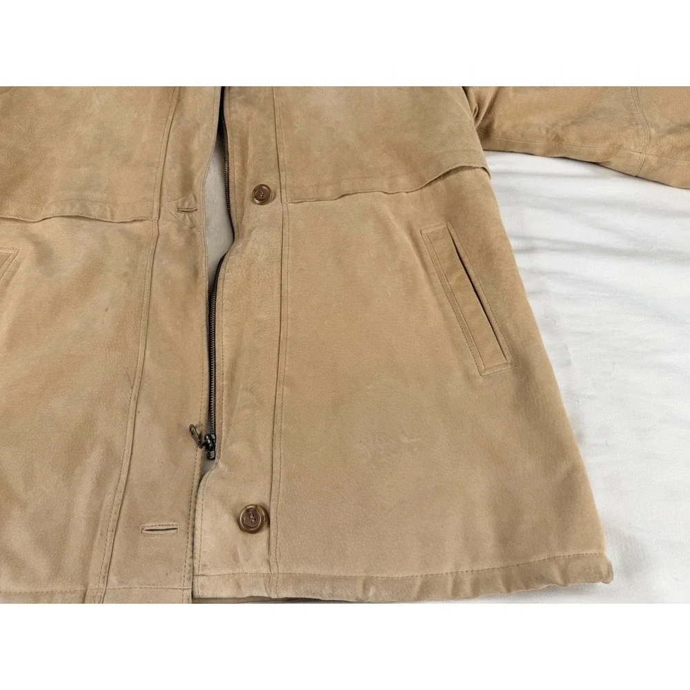 Vintage Marvin Richards Shearling Suede Leather Hooded Coat Womens L Tan